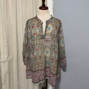 Unity World Wear Women 2X Tunic Top Boho Paisley Print 3/4 Sleeve V-Neck
